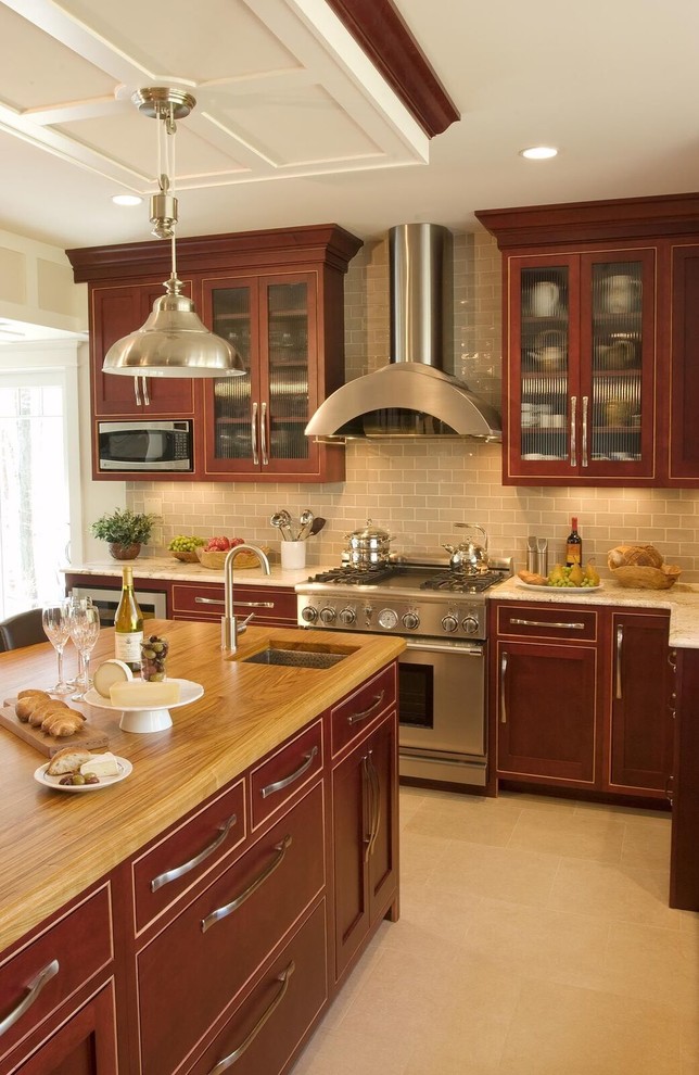 Eat-in kitchen - large transitional eat-in kitchen idea in DC Metro with beaded inset cabinets and medium tone wood cabinets
