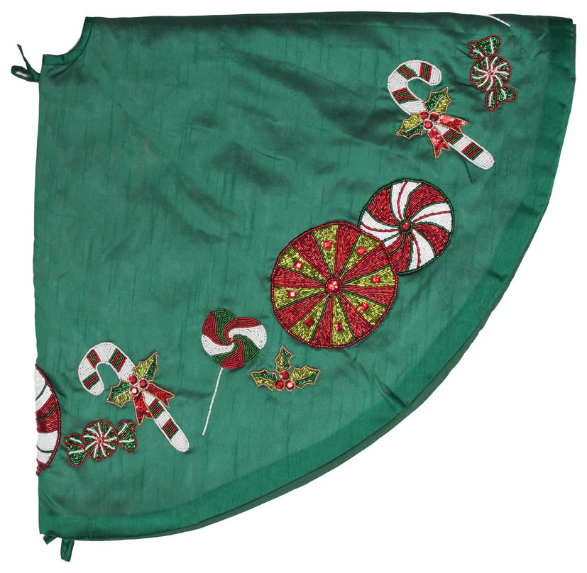 52" Green Beaded Candy Cane Treeskirt Contemporary Christmas Tree Skirts by VirVentures