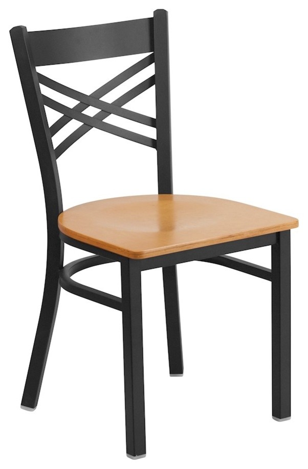 Hercules Series Black ''X'' Back Metal Chair, Natural Wood Seat