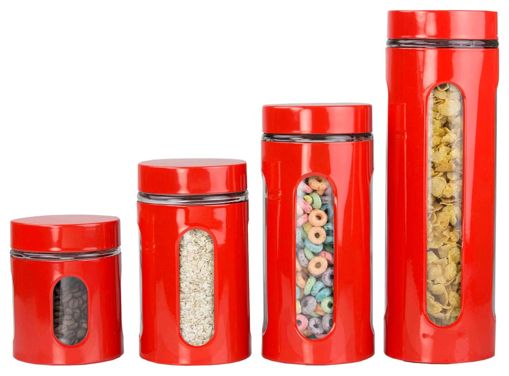 Home Basics 4 Piece Glass Canister, Red Contemporary Kitchen
