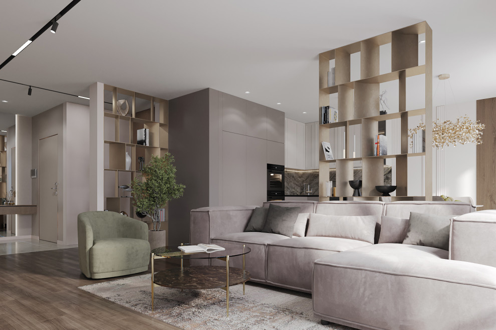 Idée de décoration pour un salon gris et blanc design de taille moyenne et ouvert avec un sol en bois brun et un sol marron.