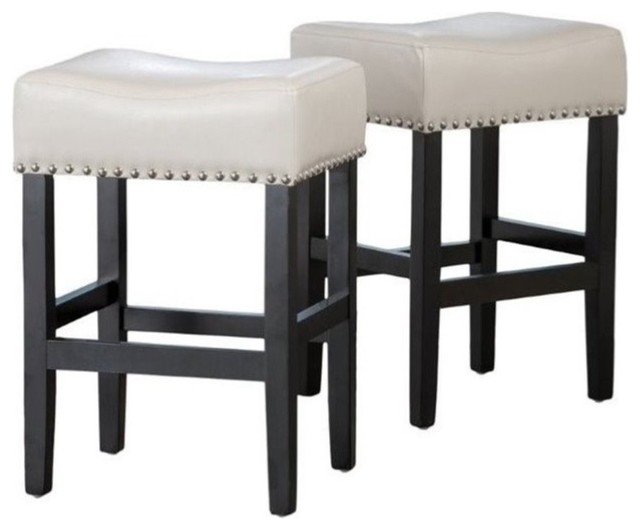 Brika Home 26"H Contemporary Faux Leather/Wood Counter Stool in White (Set of 2)