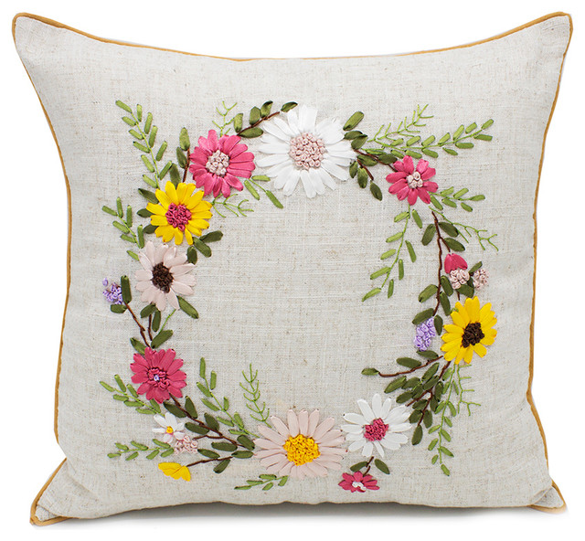 Ribbon Embroidery Flower Linen Throw Pillow, 16"x16" Chrysanthemum