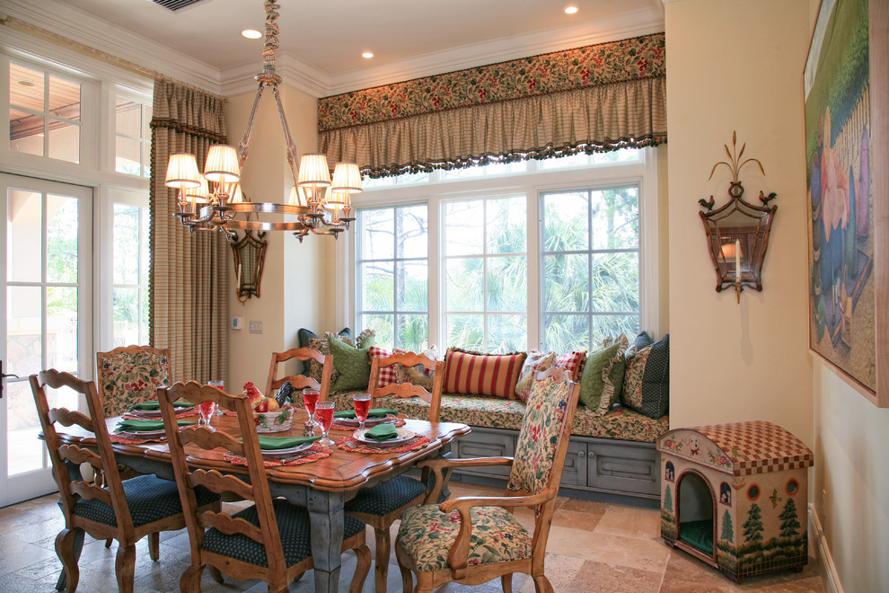 Inspiration for a mid-sized separate dining room in Miami with beige walls, no fireplace and brown floor.