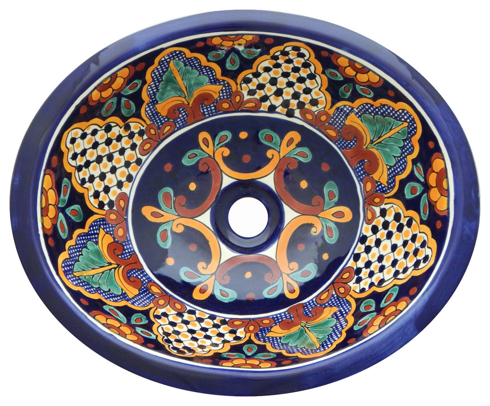 Mexican Talavera Ceramic Hand Painted Bathroom Oval Sink Contemporary