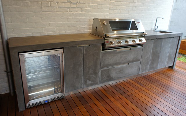 Outdoor Kitchen with Polished Concrete bench top, doors 