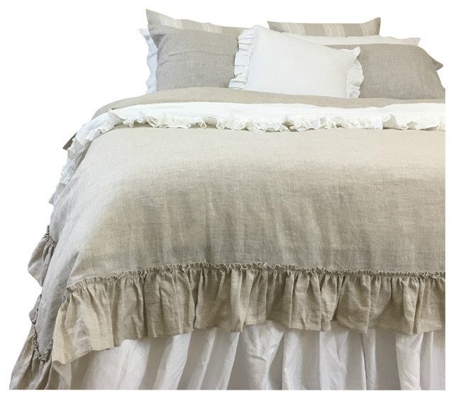 Natural Linen Duvet Cover With Country Ruffles Traditional