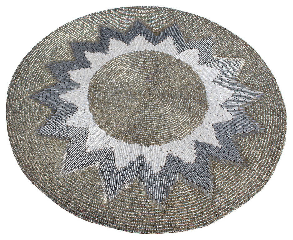Glass Beaded Silver Sunflower Design, Silver Beaded Round Placemats