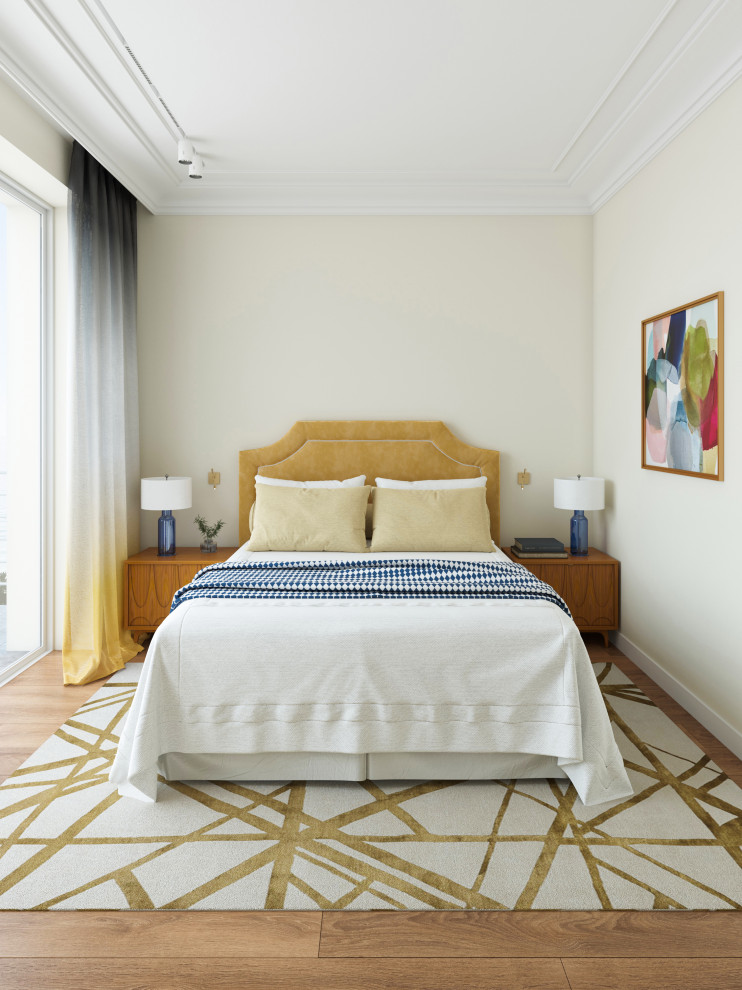 ミラノにある中くらいなトランジショナルスタイルのおしゃれな主寝室 (ベージュの壁、茶色い床、折り上げ天井、無垢フローリング)