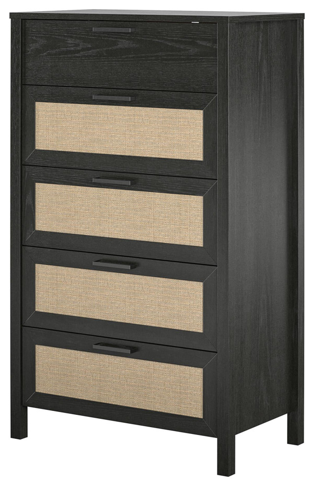Vertical Dresser, Spacious Storage Drawers With Faux Rattan Front, Black Oak