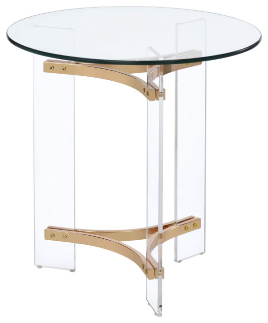 Elegant Side Table, Acrylic Legs With Golden Accents & Round Clear