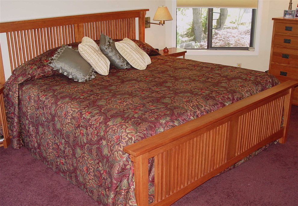 Mid-sized arts and crafts master bedroom in Other with beige walls, carpet and purple floor.