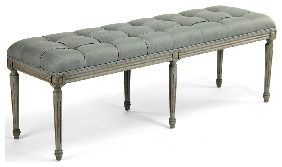French Country Louis XVI Sage Tufted Oak Olive Long Bench