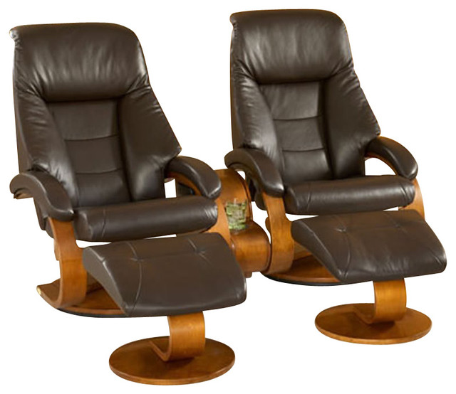 Mac Motion Double Walnut Swivel Recliner Chair Set in Espresso Leather