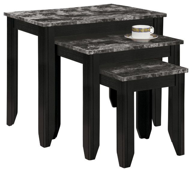 Marble Top Nesting Tables, Set of 3, Black and Gray Contemporary