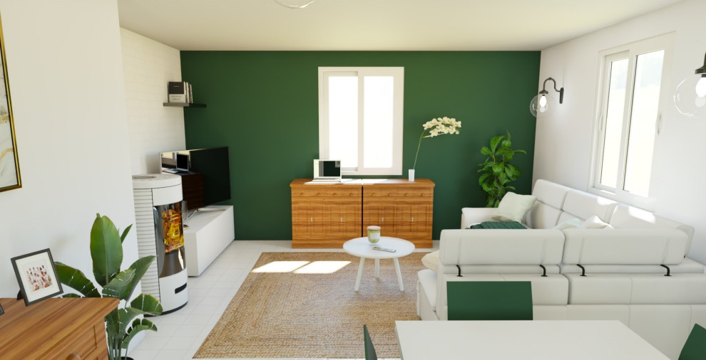 На фото: большая открытая гостиная комната в классическом стиле с зелеными стенами, печью-буржуйкой и белым полом