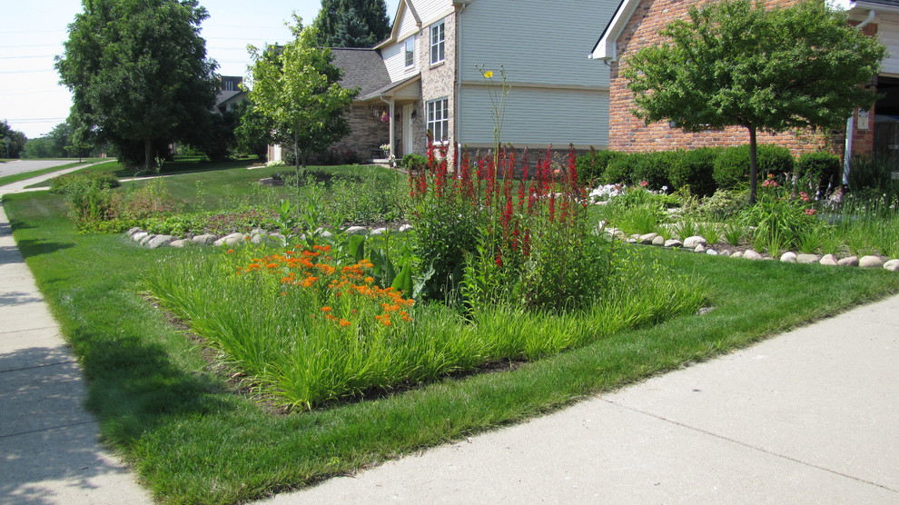 Design ideas for a front yard full sun garden in Detroit.
