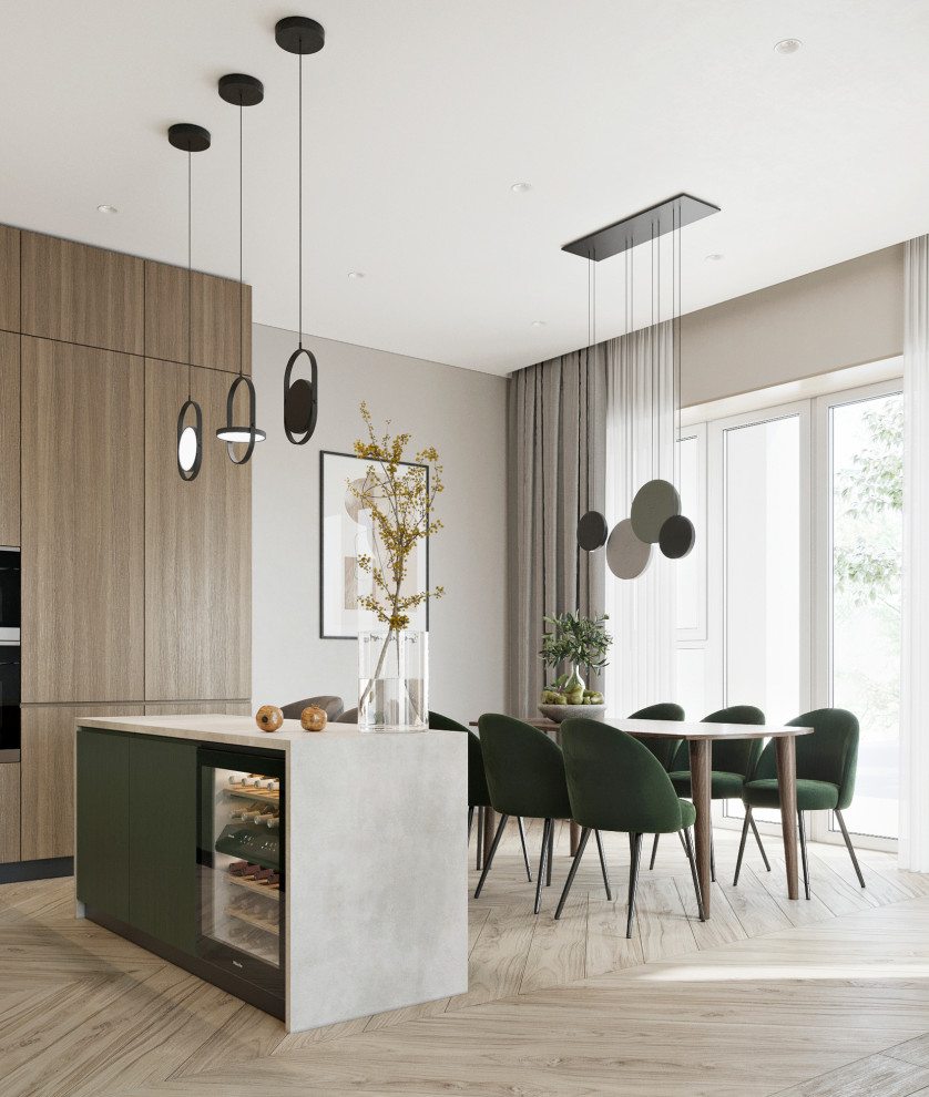 Design ideas for a large contemporary single-wall eat-in kitchen in Other with with island, beige benchtop and green cabinets.