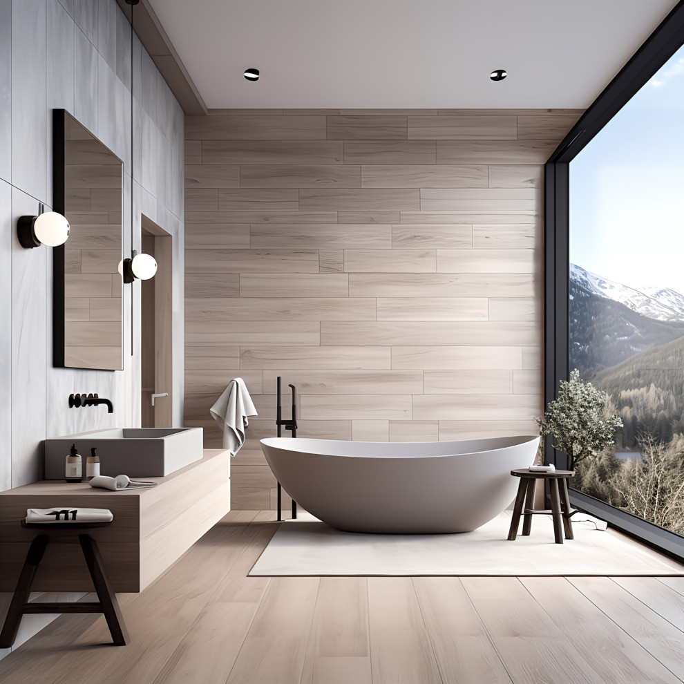 Design ideas for a mid-sized modern master wet room bathroom in New York with flat-panel cabinets, light wood cabinets, a one-piece toilet, wood-look tile, porcelain floors, a vessel sink, wood benchtops, beige floor, a single vanity, a freestanding vanity and wood walls.