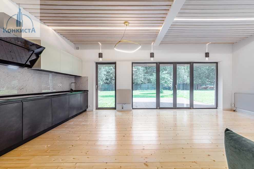 Ispirazione per un grande soggiorno minimal stile loft con pareti grigie, pavimento in legno verniciato e soffitto in perlinato