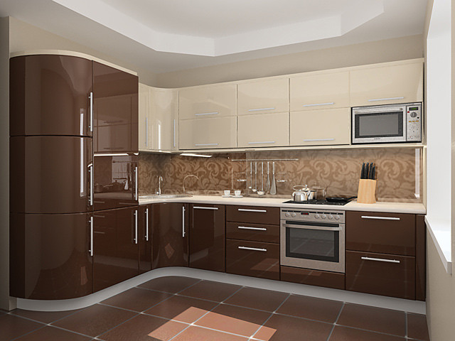 Photo of a small modern l-shaped kitchen/diner in Miami with a single-bowl sink, flat-panel cabinets, brown cabinets, engineered stone countertops, beige splashback, glass sheet splashback, stainless steel appliances, ceramic flooring and no island.