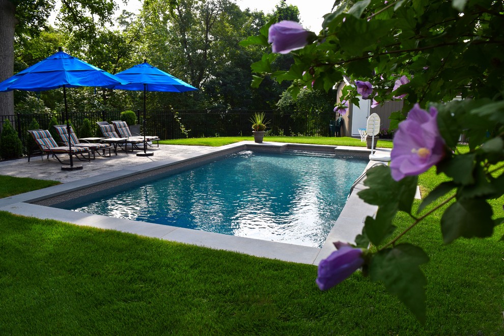 Example of a mid-sized classic backyard concrete paver and rectangular lap pool design in New York