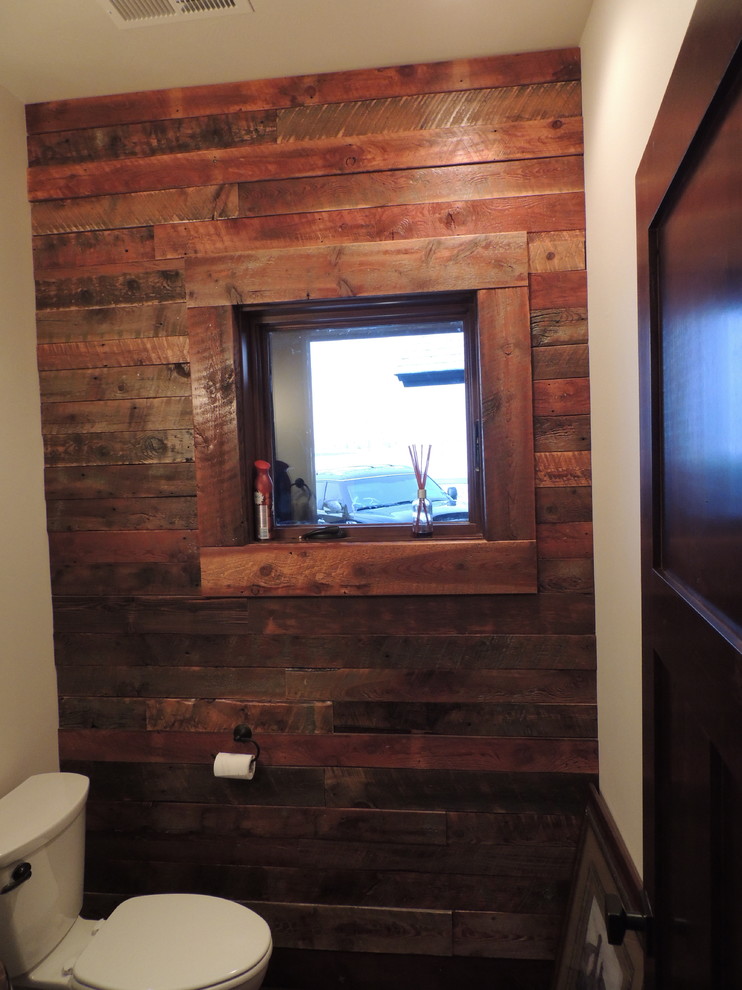 Bathroom - small rustic 3/4 dark wood floor bathroom idea in Other with a two-piece toilet and multicolored walls