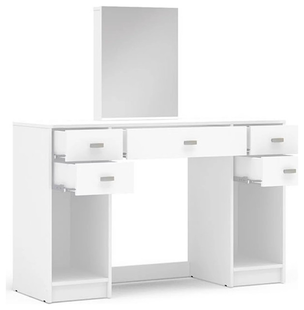 Modern Vanity Table With Panel Mirror, 2 Open Compartments & 5 Drawers