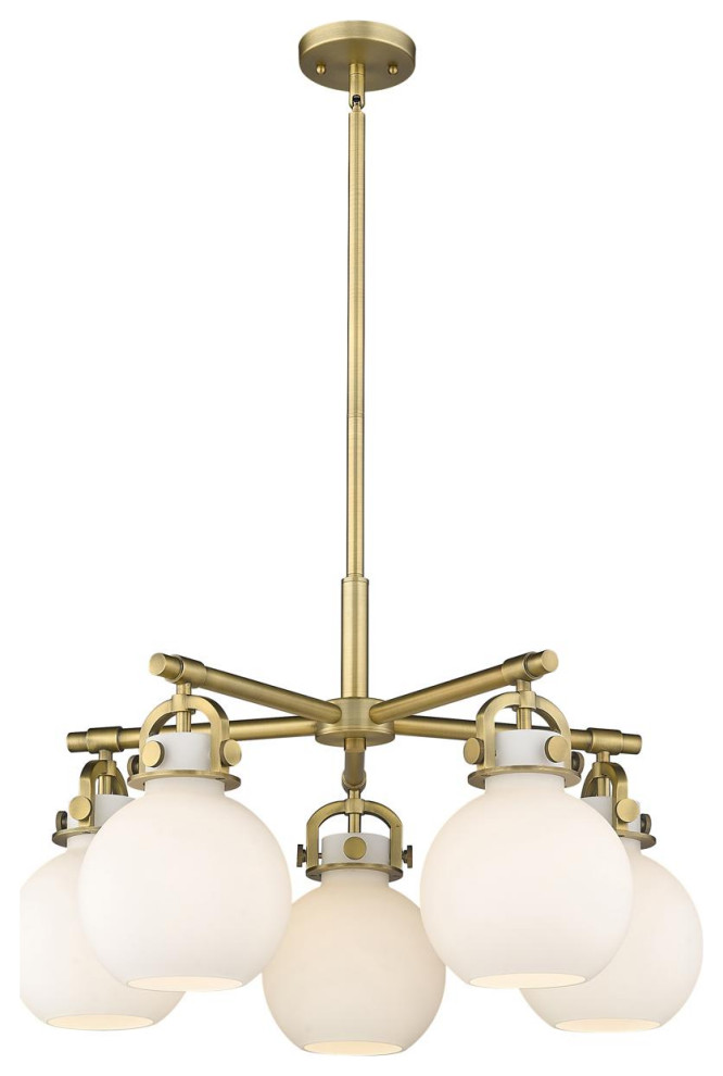 Newton Sphere 5 Light Chandelier, Brushed Brass, Matte White Glass
