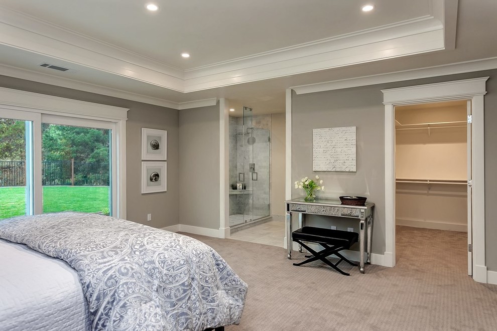 Inspiration for a mid-sized transitional master bedroom in San Francisco with grey walls, carpet and no fireplace.