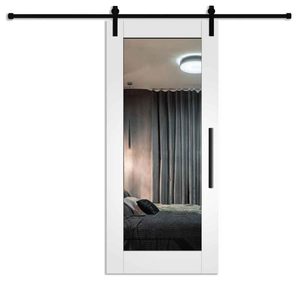 Mirrored White Painted Oak Hardwood Sliding Barn Door with Mirror Insert, 26"x81" Inches, Stainless Steel Hardware, 1x Mirror One-Side