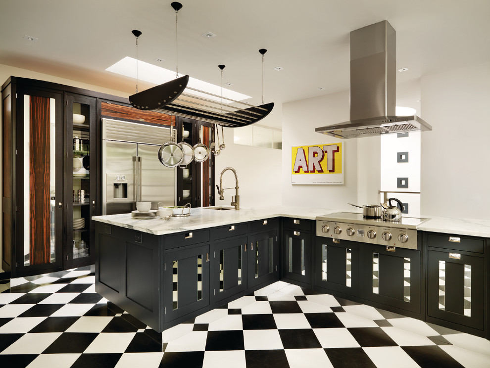 Design ideas for a contemporary separate kitchen in New York with an undermount sink, black cabinets, stainless steel appliances, linoleum floors and a peninsula.