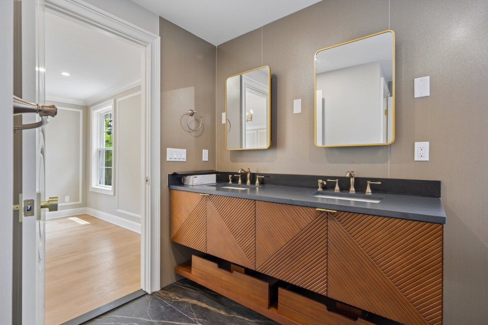 Double Vanity with Fluted Wood Front in Teaneck, NJ