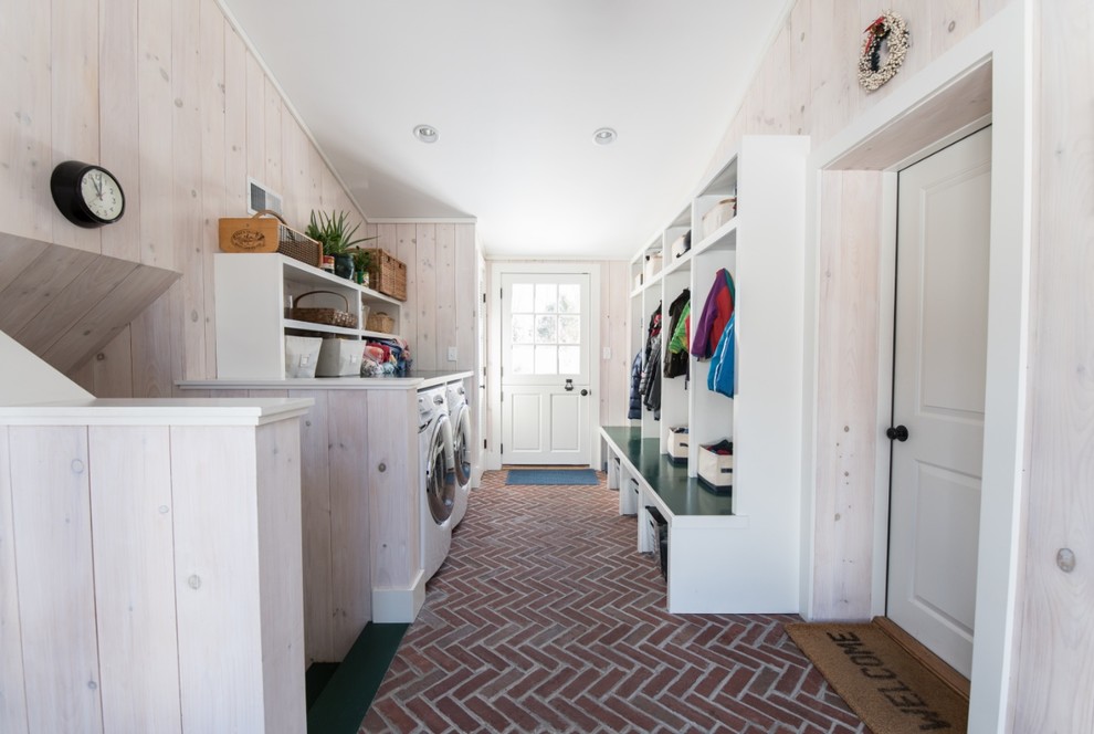 Inspiration for a small traditional mudroom in Boston with white walls, brick floors, a dutch front door and a white front door.