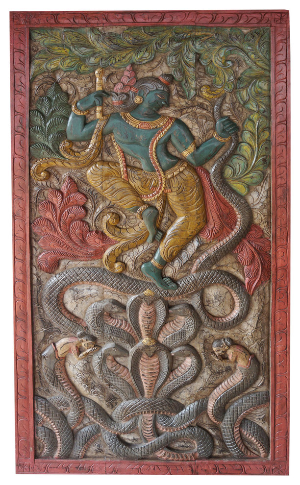 Consigned Vintage Panel Carved Krishna Dance on Snake Kaliya, Wall sculpture