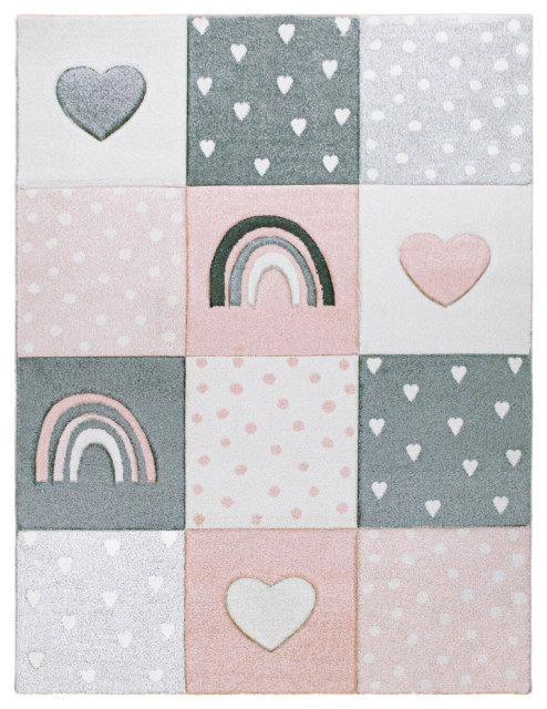 Kids Rug With Rainbows & Hearts, Checkered, Pink White, 3'11"x5'7"