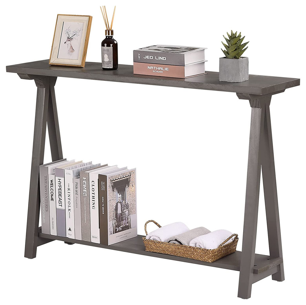 Farmhouse Console Table, Solid Wood 2Tier, Vintage Grey Farmhouse