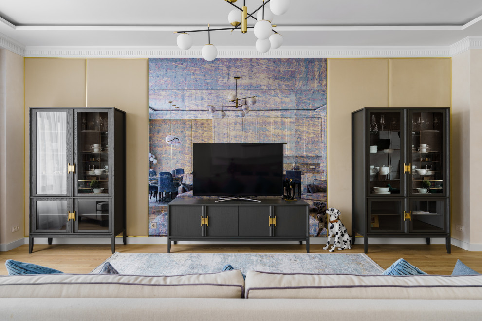 Example of a large transitional medium tone wood floor living room design in Saint Petersburg