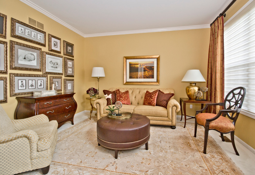 This is an example of a traditional formal enclosed living room in Detroit with yellow walls, carpet and no tv.
