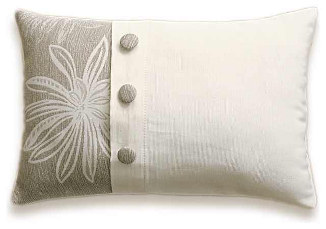 Cream Beige Floral Decorative Lumbar Pillow Cover 12x18 in Fabric Button LAYLA D