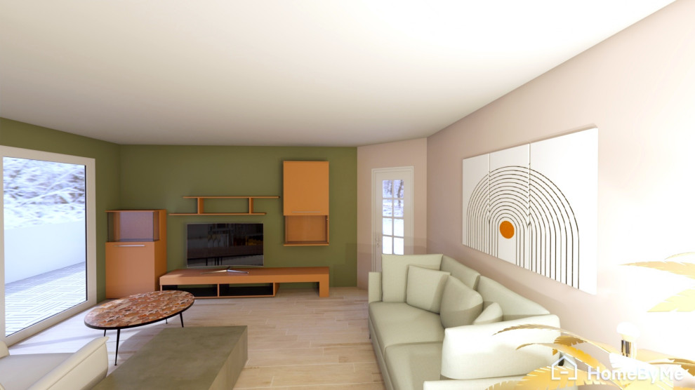 Ispirazione per un soggiorno design di medie dimensioni con pareti verdi, pavimento con piastrelle in ceramica e pavimento beige