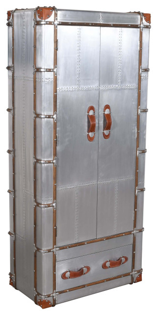 Pilot Tall Cabinet in Silver Aluminum Cladding and Leather Accents