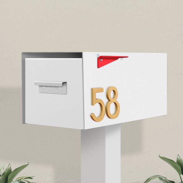 Malone Post-Mounted Mailbox + House Numbers, White, Brass Font, With Post