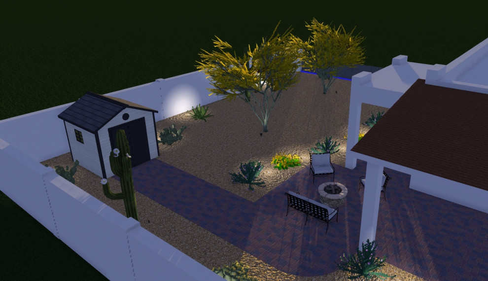 Mittelgroßer Mediterraner Garten im Frühling, hinter dem Haus mit Wüstengarten, direkter Sonneneinstrahlung und Betonboden in Phoenix
