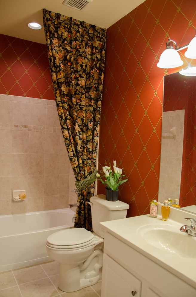 Bathroom - bathroom idea with white cabinets and red walls