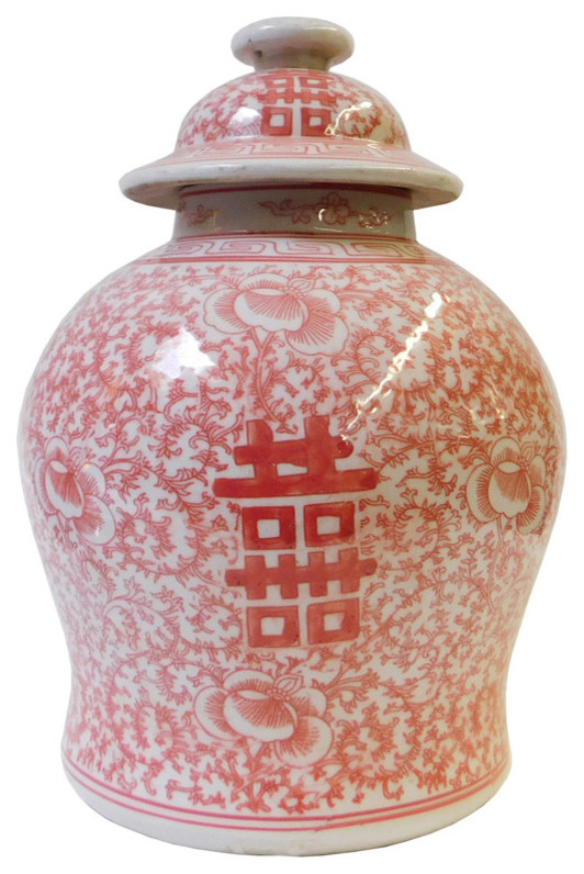 Chinese Coral Red Pink White Floral Double Happiness Graphic Temple Jar cs1447