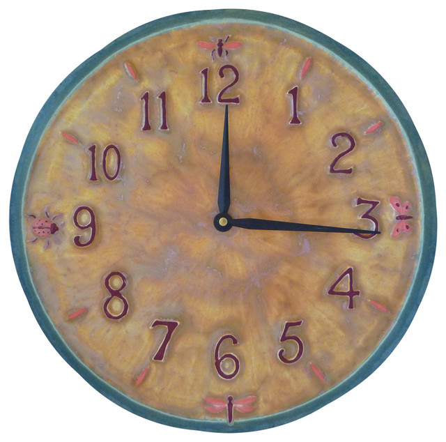 Little Wings Ceramic Art Large Kitchen Wall Clock In Yellow Teal Little Wings Ceramic Art Large Kitchen Wall Clock In Yellow Teal Pink