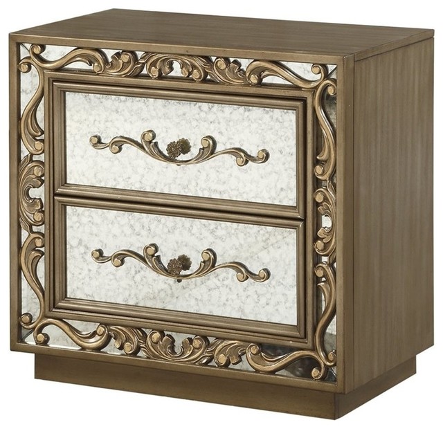 Acme Orianne 2 Drawer Mirrored Nightstand In Antique Gold Victorian Nightstands And Bedside Tables By Acme Furniture