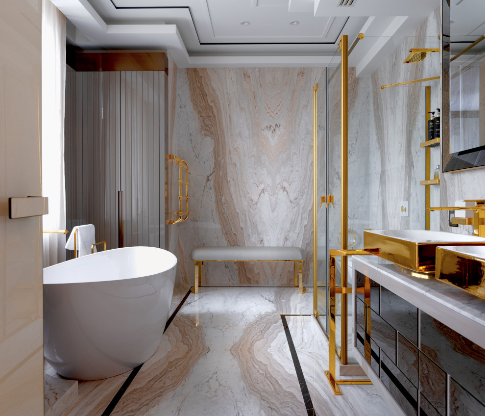 Photo of a contemporary master bathroom in Moscow with a freestanding tub, beige tile, a vessel sink, flat-panel cabinets, black cabinets, a corner shower, stone slab, beige floor, a hinged shower door and white benchtops.