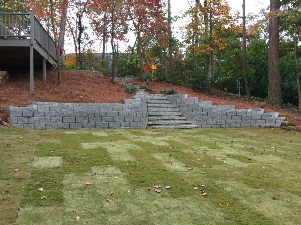 Modular Concrete Block Wall with Steps, Pressure Treated Timber Walls, Sod